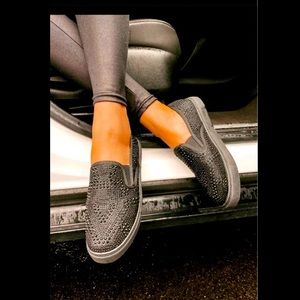 Black rhinestone slipon shoes. Size 8